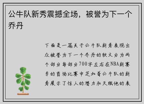 公牛队新秀震撼全场，被誉为下一个乔丹