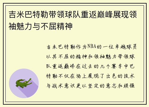 吉米巴特勒带领球队重返巅峰展现领袖魅力与不屈精神